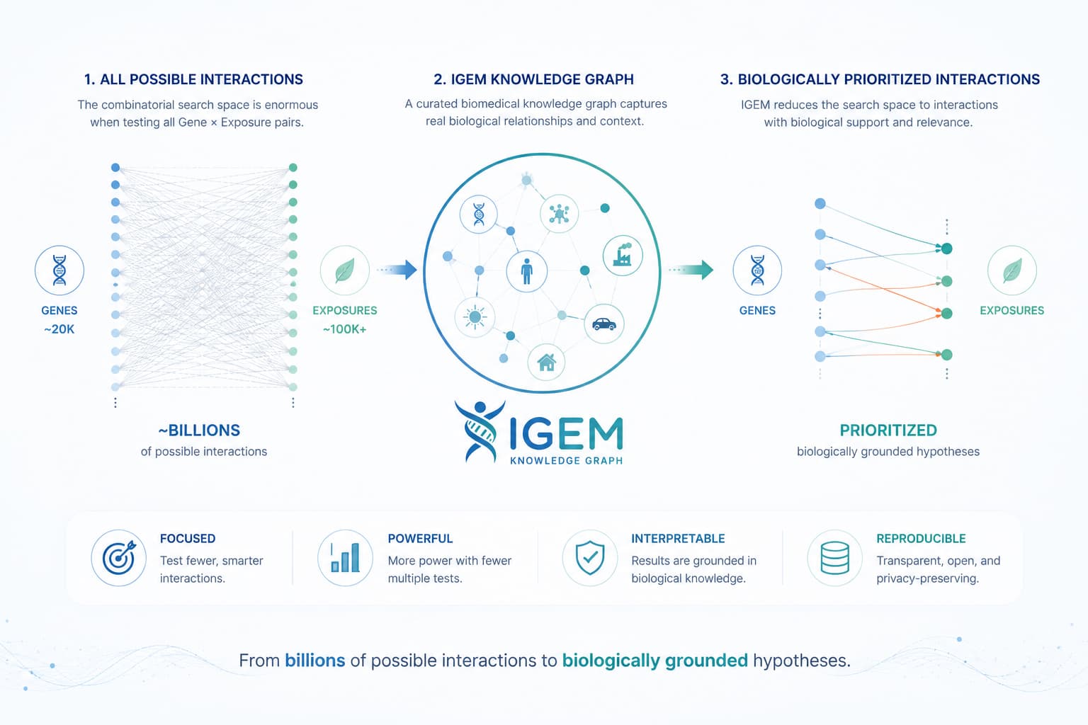 IGEM reduces ~billions of possible gene-exposure interactions to a focused set of biologically grounded hypotheses, using a curated biomedical knowledge graph as the filter.